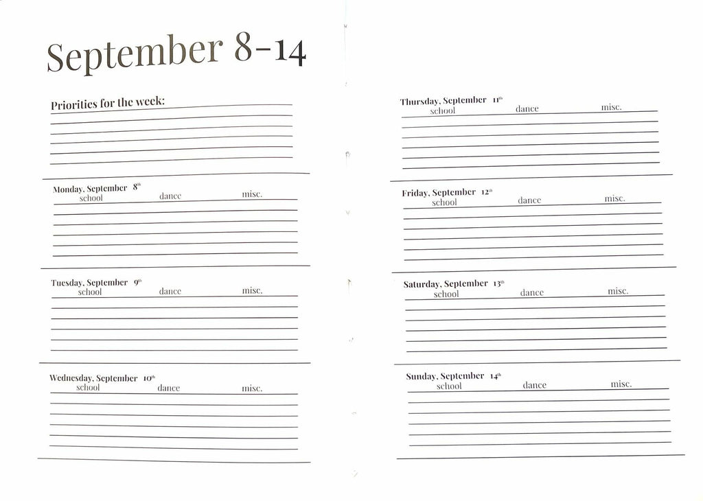 Dance Season Planner 2025-2026 A5 Midnight Motion Monthly Weekly Organizer