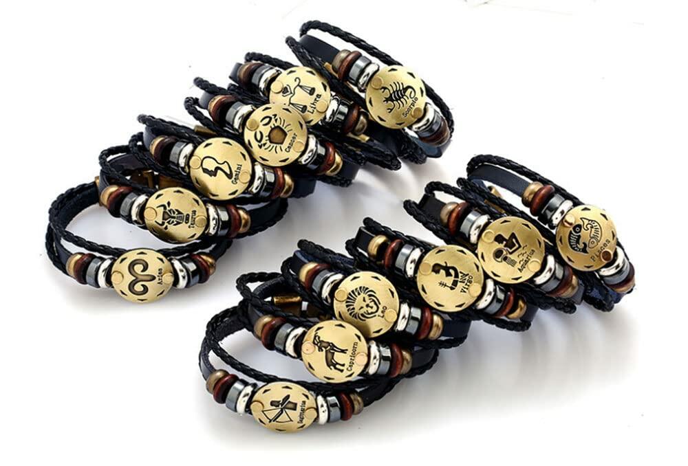 vmcoatdu Leo Zodiac Alloy Leather Braided Rope Bracelet 7.9in Brown