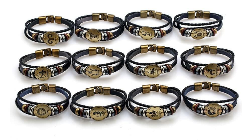 vmcoatdu Leo Zodiac Alloy Leather Braided Rope Bracelet 7.9in Brown