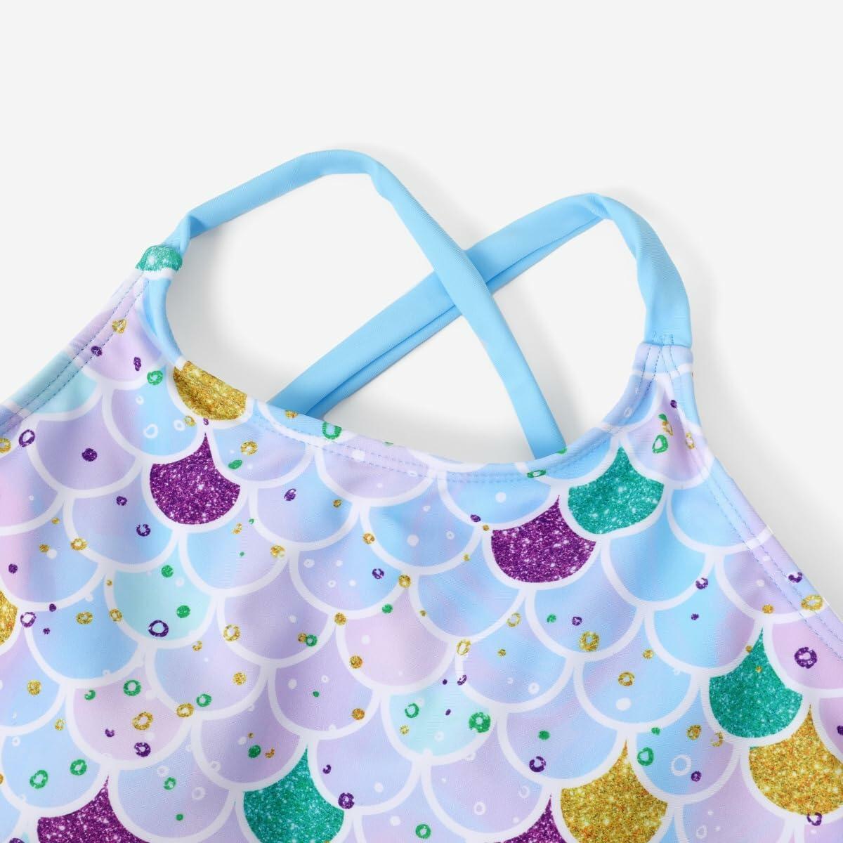 PATPAT Girls 2-Piece Tankini Swimsuit Set Sky Blue Fish Mermaid Size 8-9