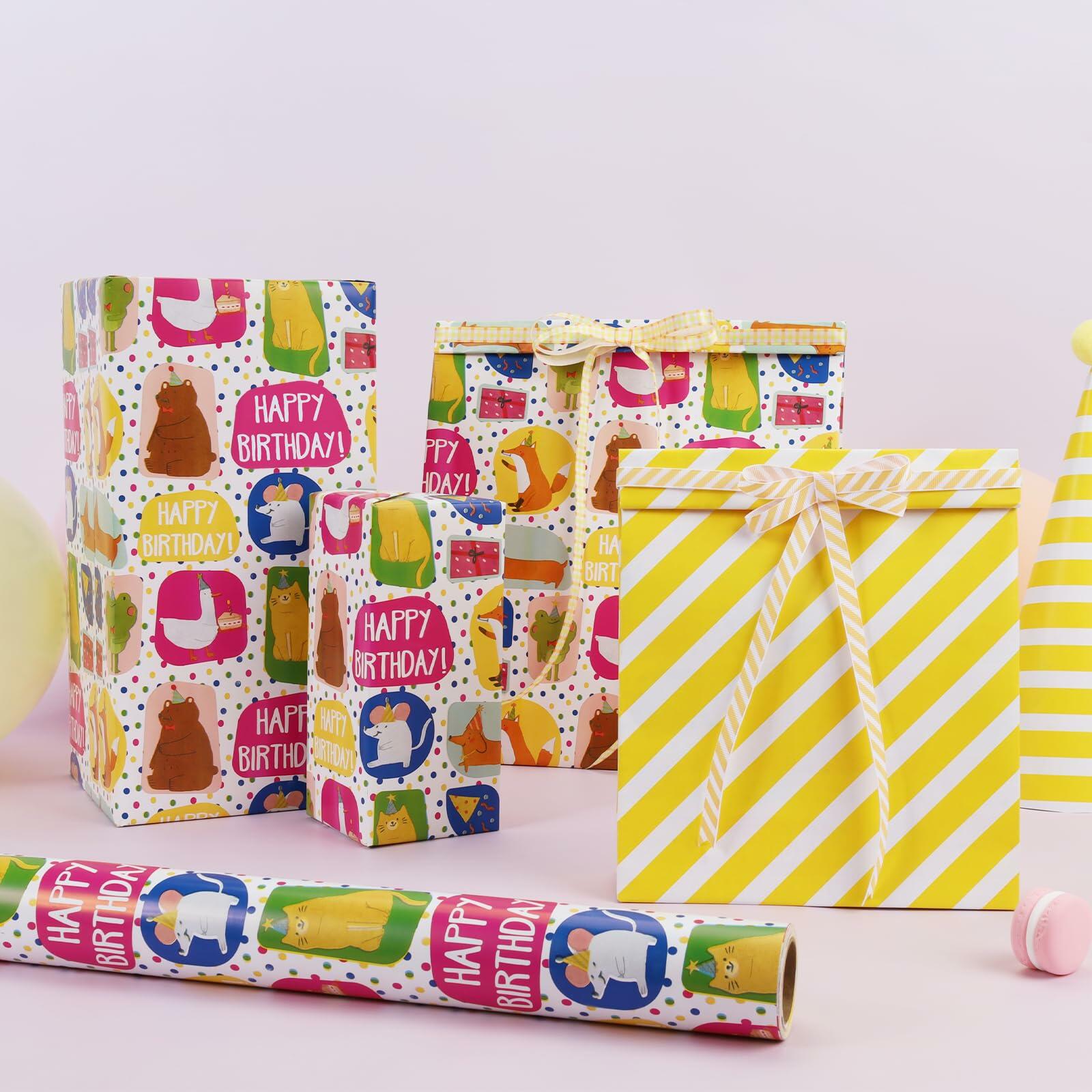 LaRibbons Reversible Birthday Wrapping Paper 17in x 33ft Birthday Star Color