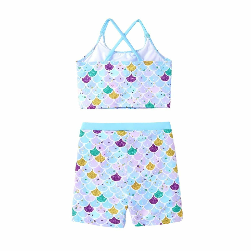 PATPAT Girls 2-Piece Tankini Swimsuit Set Sky Blue Fish Mermaid Size 8-9