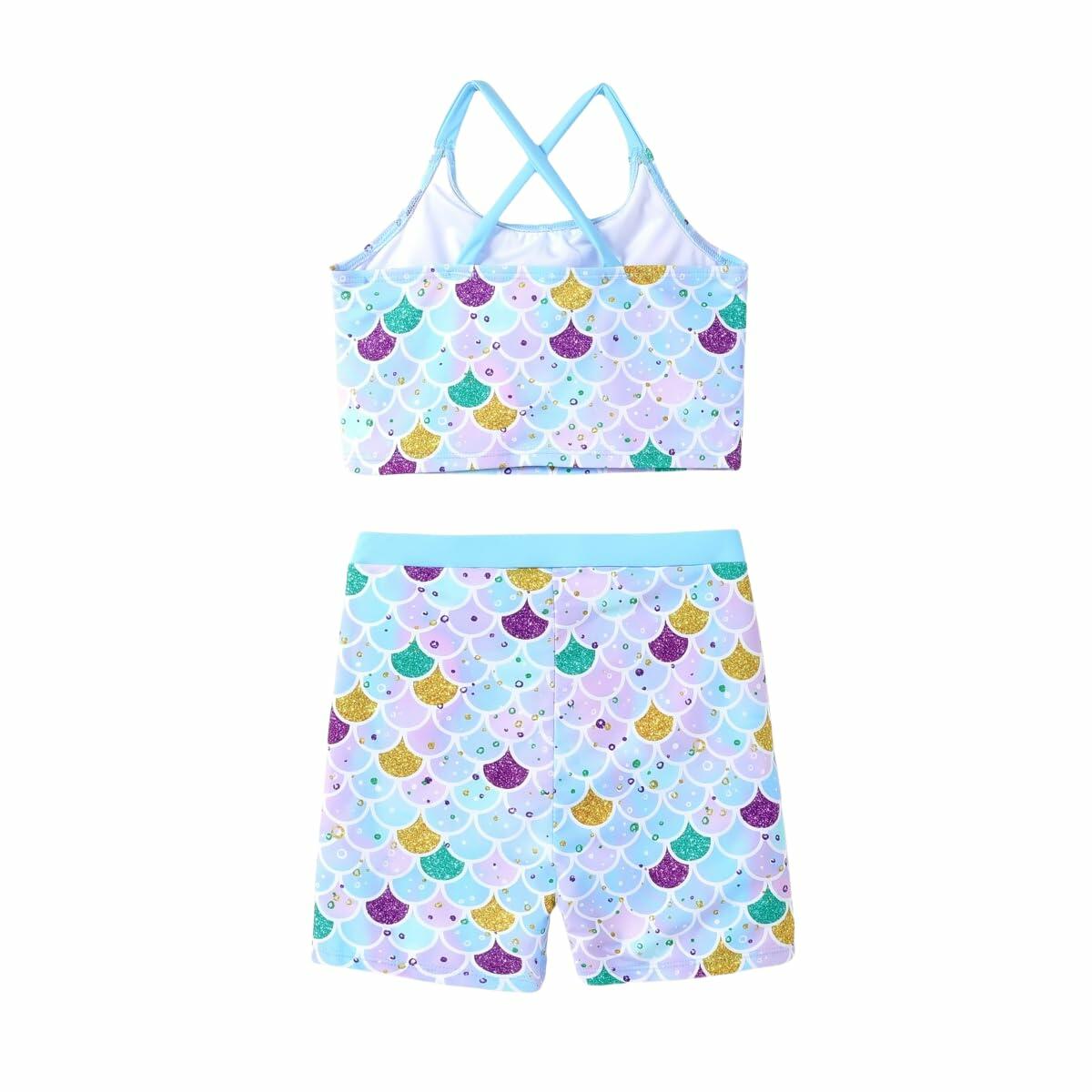 PATPAT Girls 2-Piece Tankini Swimsuit Set Sky Blue Fish Mermaid Size 8-9