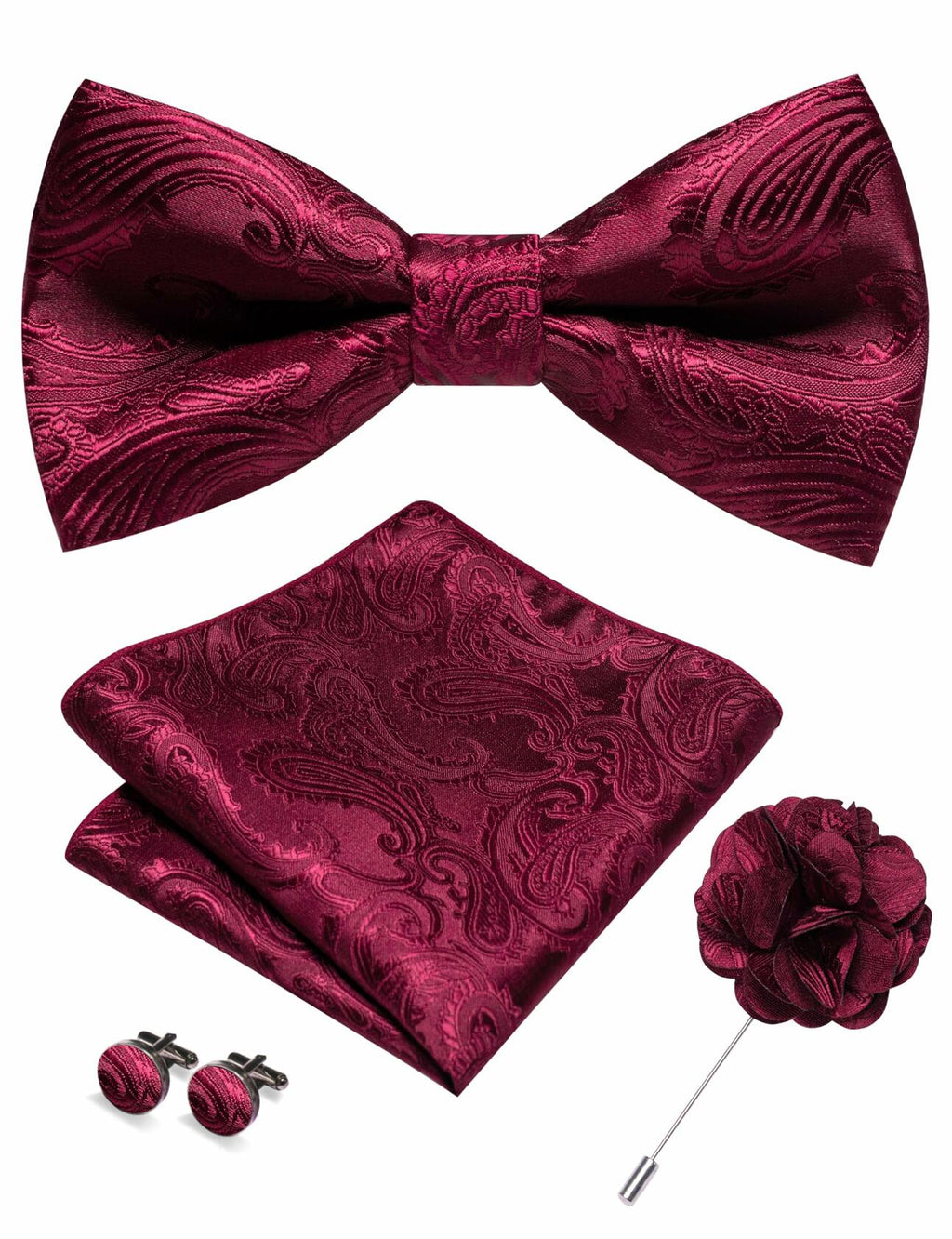 RBOCOTT Purple Paisley Bow Tie Pocket Square Lapel Pin Cufflinks Set