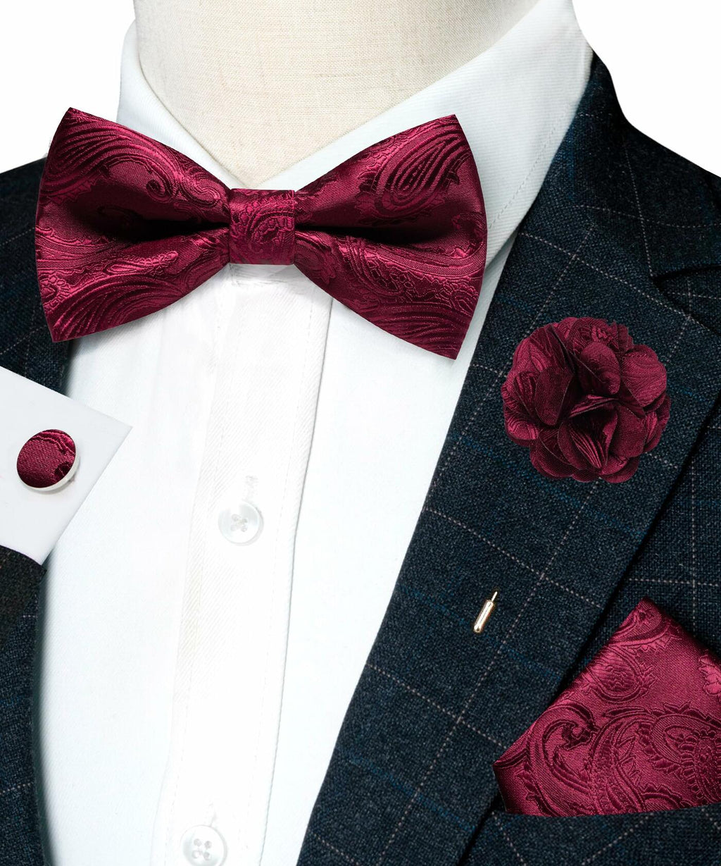 RBOCOTT Purple Paisley Bow Tie Pocket Square Lapel Pin Cufflinks Set