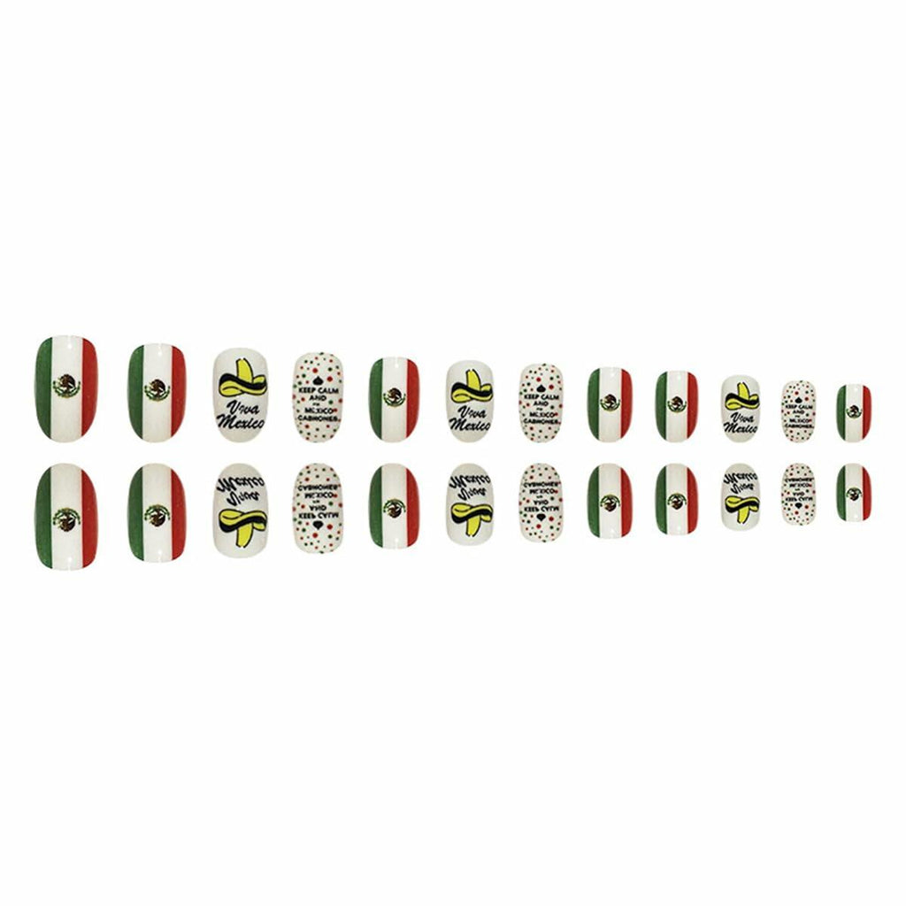 Mexican Press on Nails 24pcs Oval False Nails with Glue Flag Hat Design