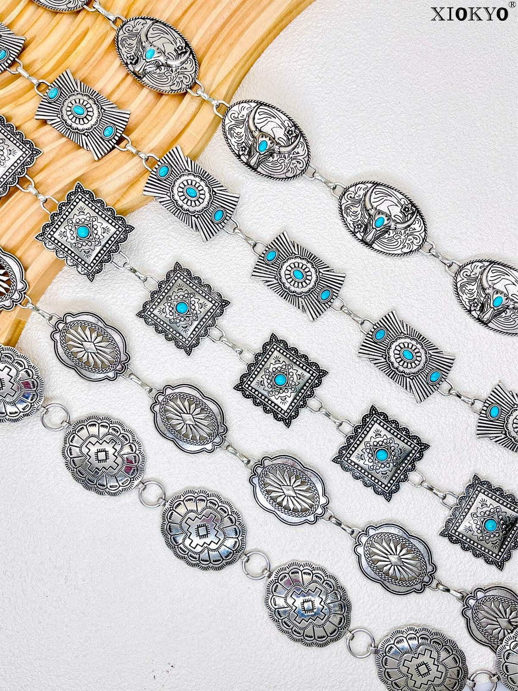 Xiokyo Women Chain Belt Boho Western Metal Silver-Cross Floral Size 27+31in