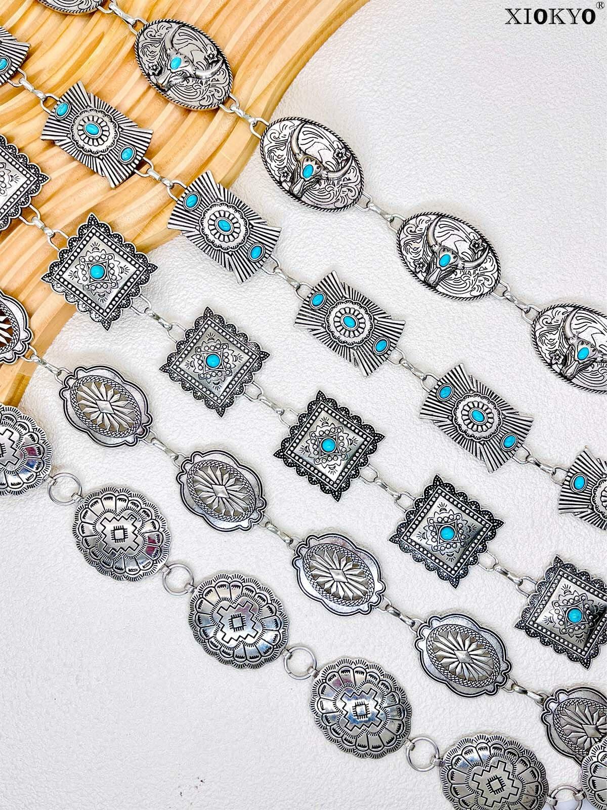 Xiokyo Women Chain Belt Boho Western Metal Silver-Cross Floral Size 27+31in
