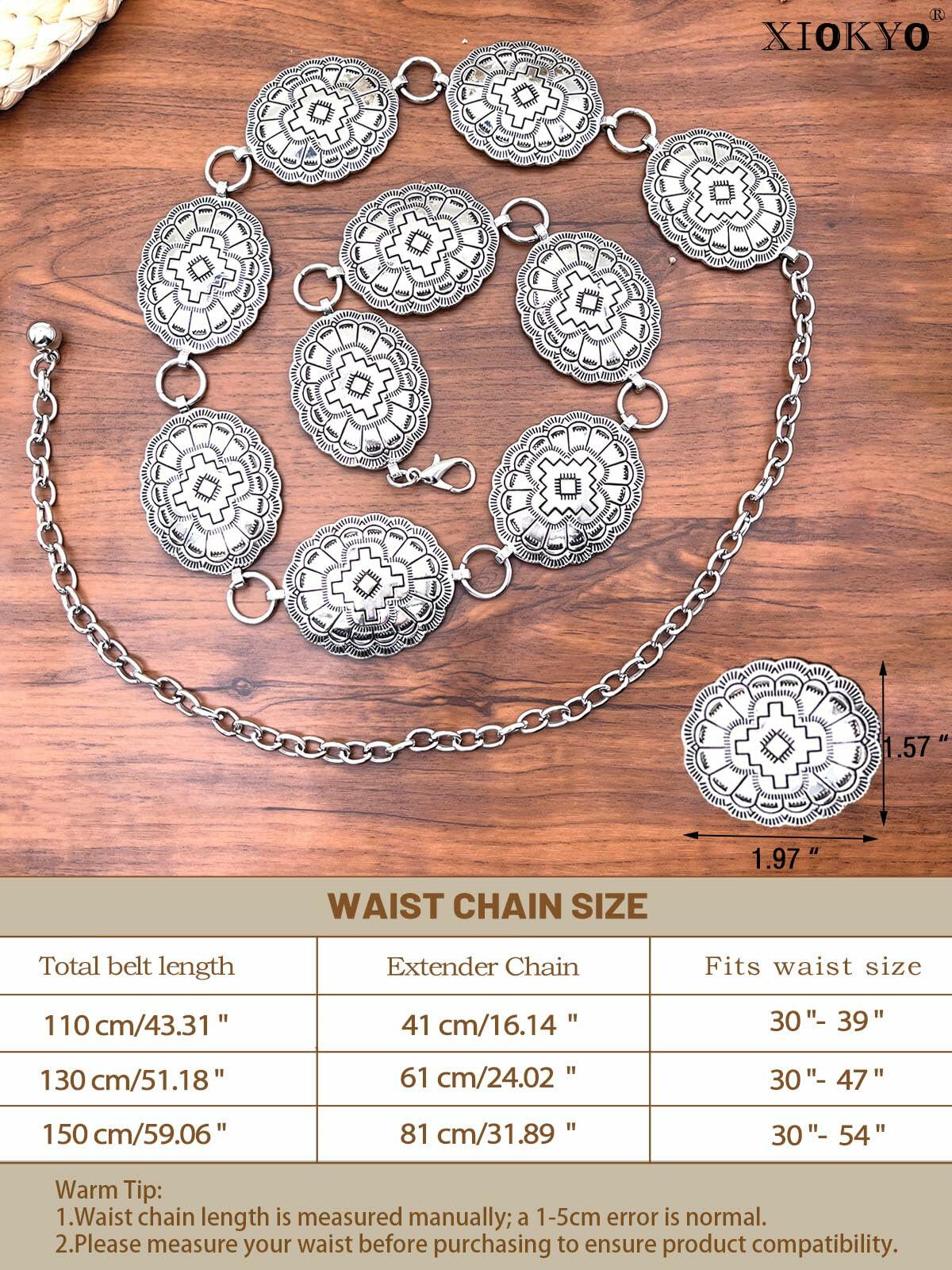 Xiokyo Women Chain Belt Boho Western Metal Silver-Cross Floral Size 27+31in