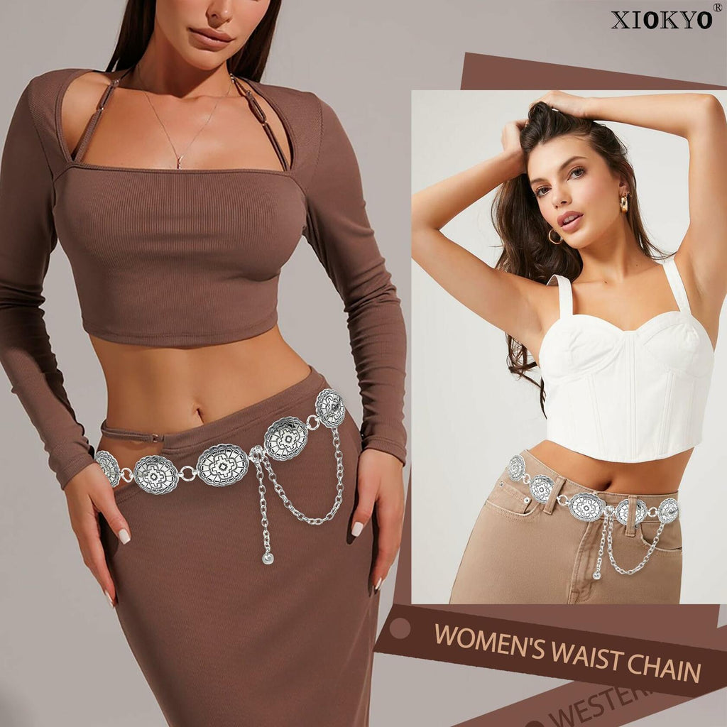 Xiokyo Women Chain Belt Boho Western Metal Silver-Cross Floral Size 27+31in