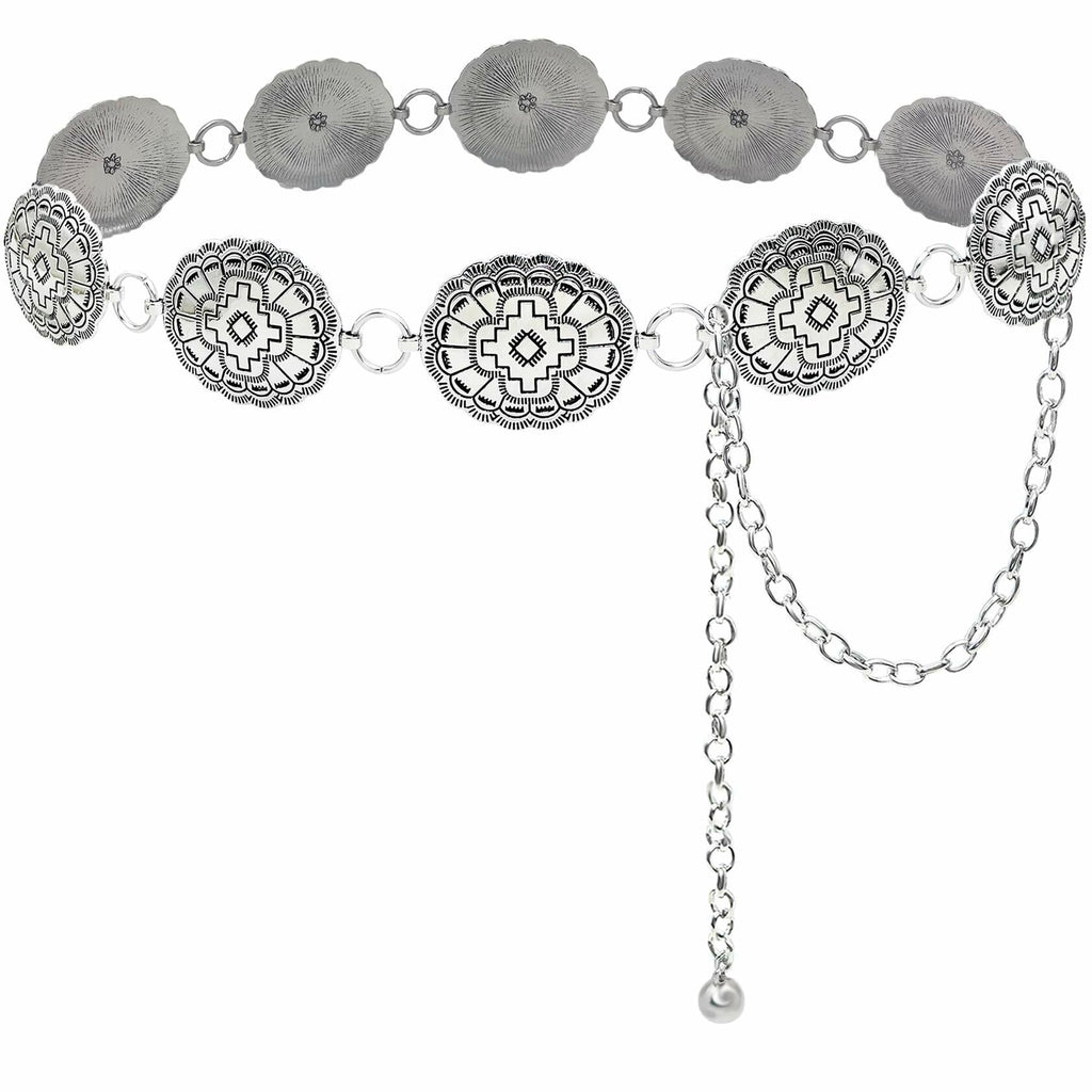 Xiokyo Women Chain Belt Boho Western Metal Silver-Cross Floral Size 27+31in