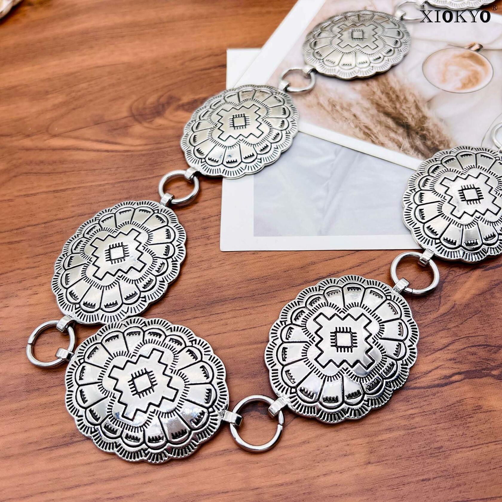 Xiokyo Women Chain Belt Boho Western Metal Silver-Cross Floral Size 27+31in