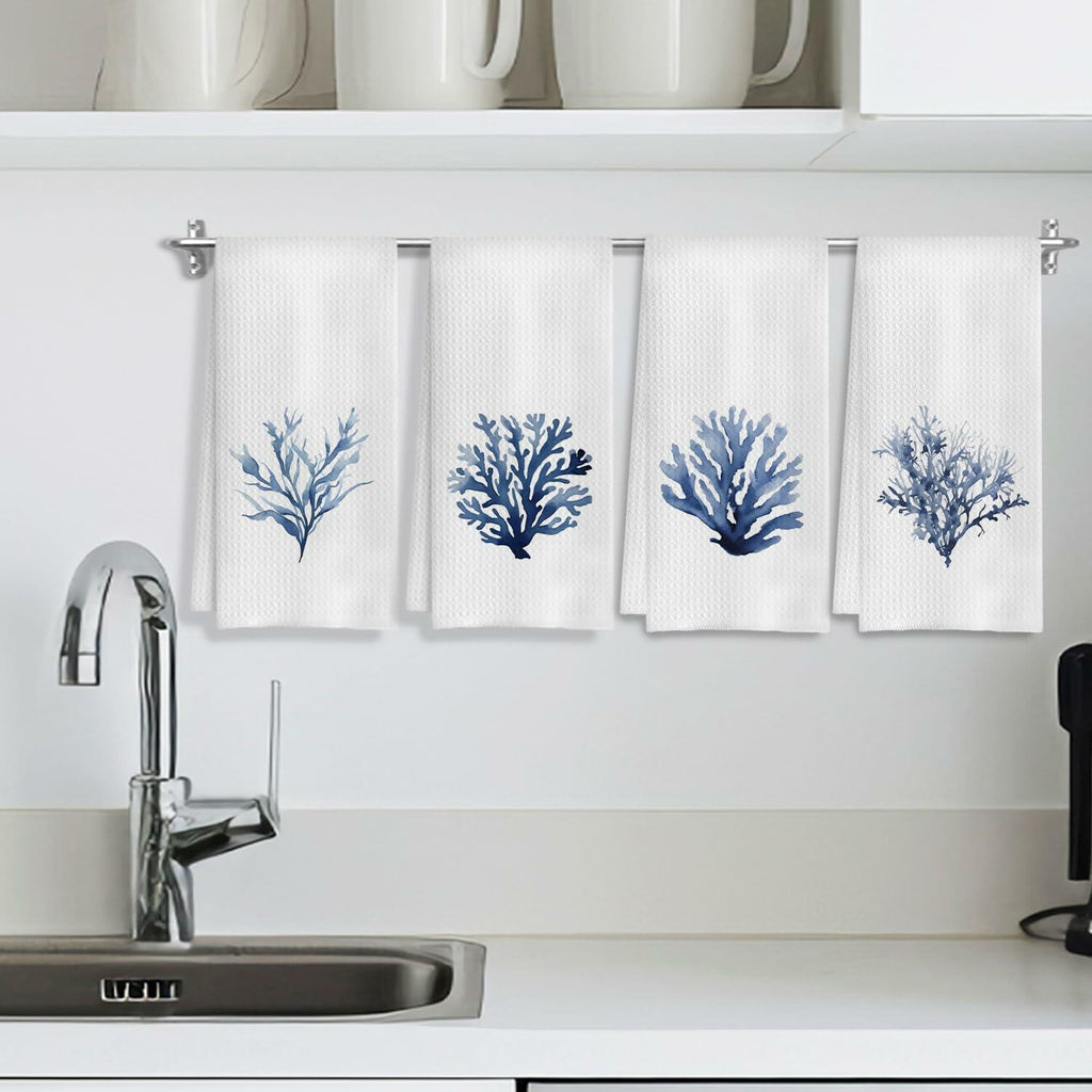 COWEB Coastal Beach Kitchen Towels Set of 4 Blue Coral Hand Towels 16x24in