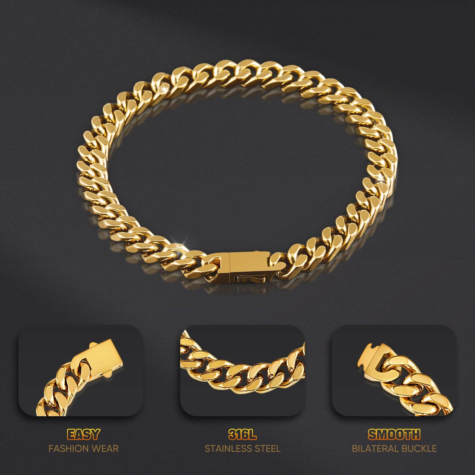 Kindoo Stainless Steel Cuban Link Bracelet 7mm Gold 8.6in
