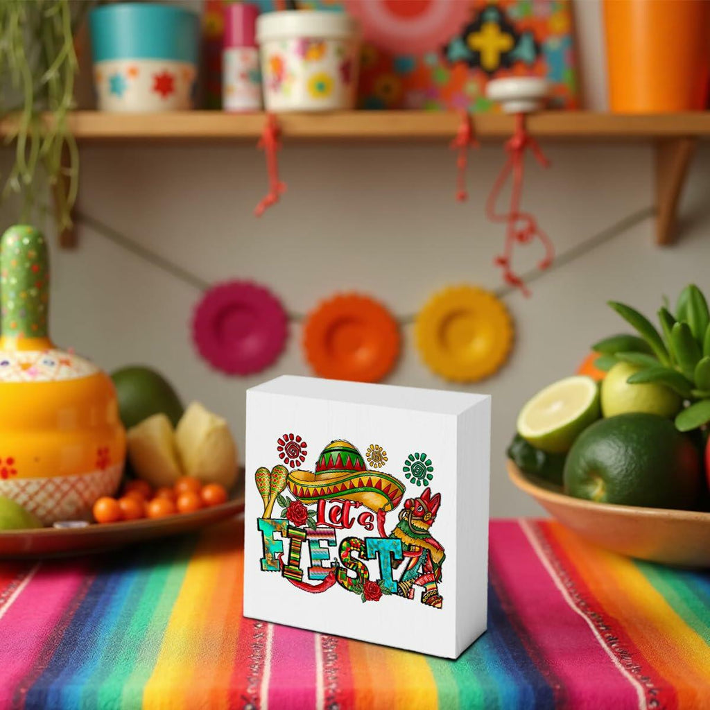 MIOOKISS Cinco De Mayo Mexican Fiesta Rustic Wooden Box Sign 5x5 Let's Fiesta
