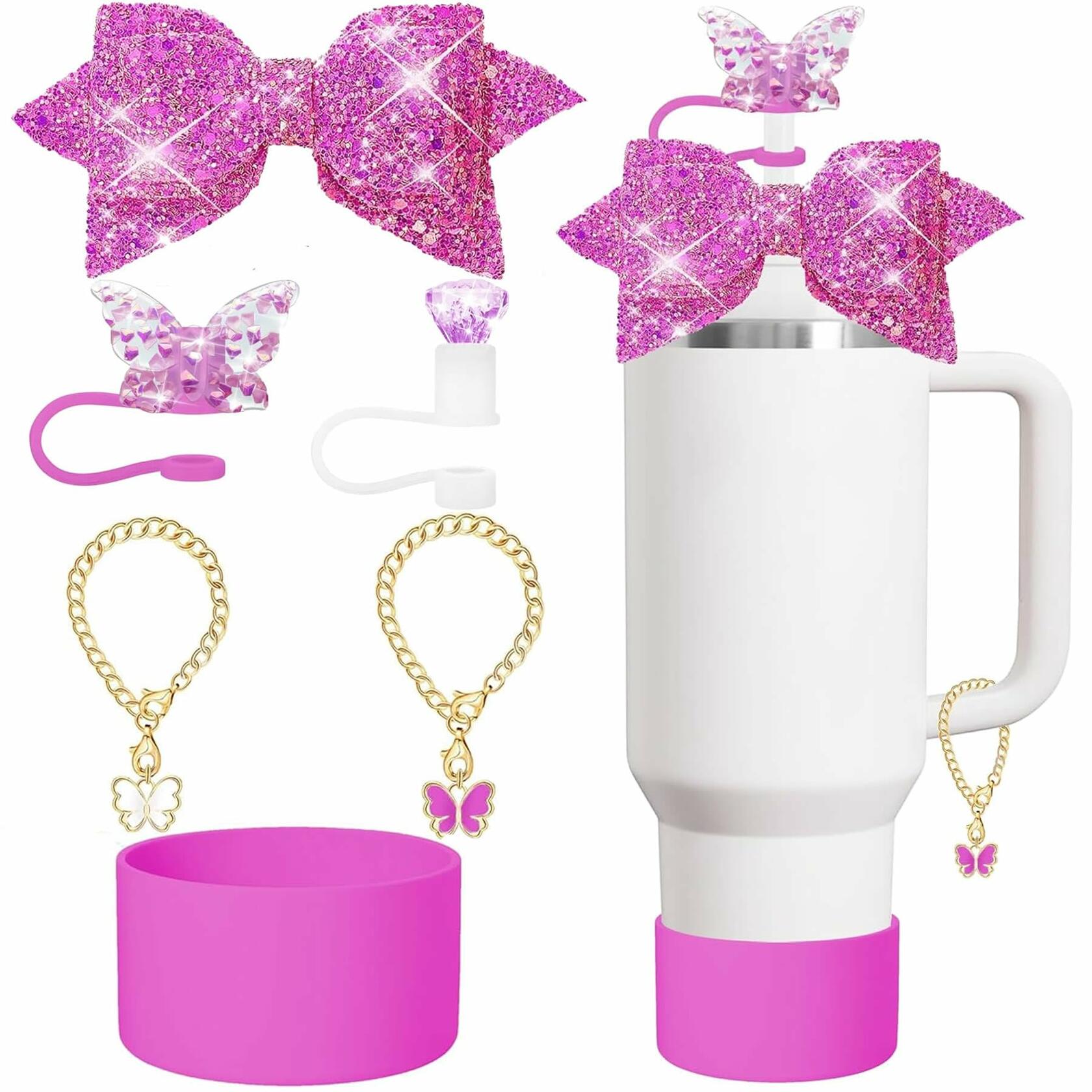 RNFVJH 6 Pcs Pink Butterfly Bow Ties Diamond & Butterfly Straw Toppers