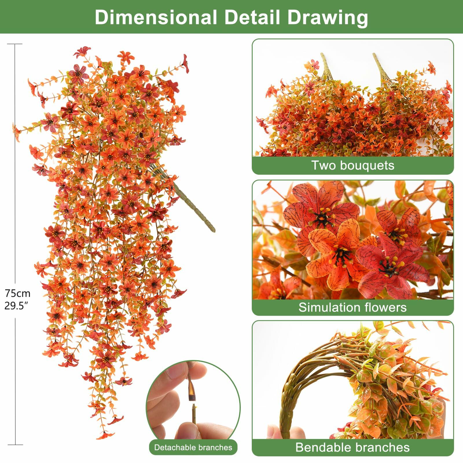 INQCMY Faux Mums Silk Flowers with Autumn Leaves Orange Red 2PCS Outdoor Decor
