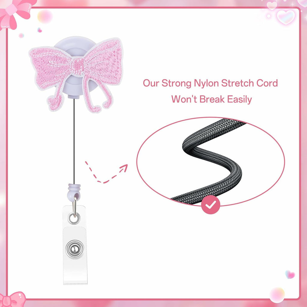 Kimoli Embroidery Pink Bow Nurse Badge Reel Retractable Pink Clip