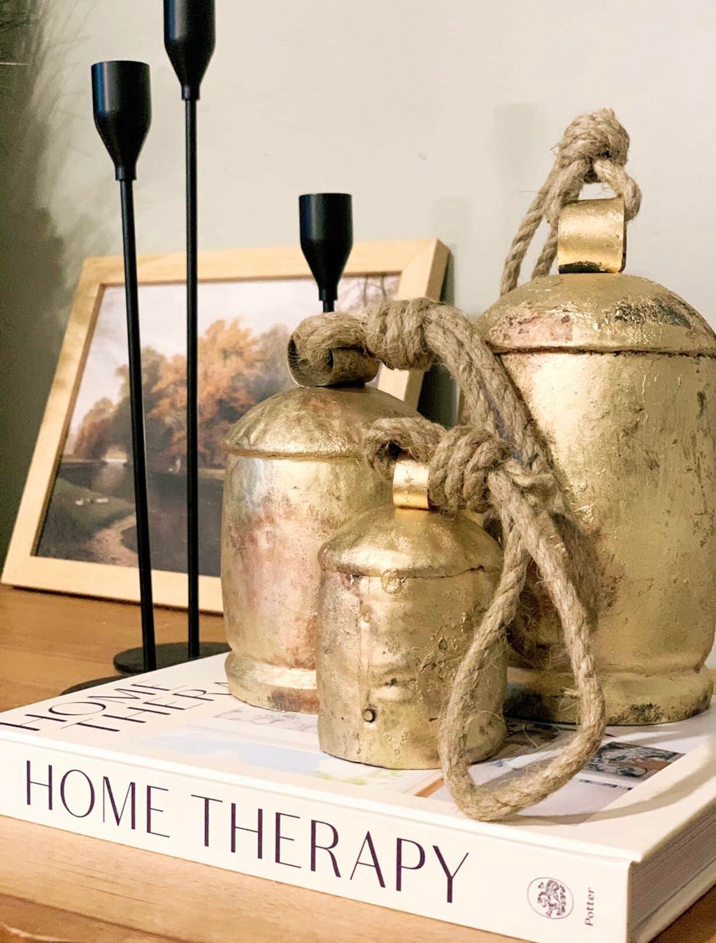 [Like New] NODYES Set of 3 Giant Rustic Harmony Bells 17in Gold Handmade Metal