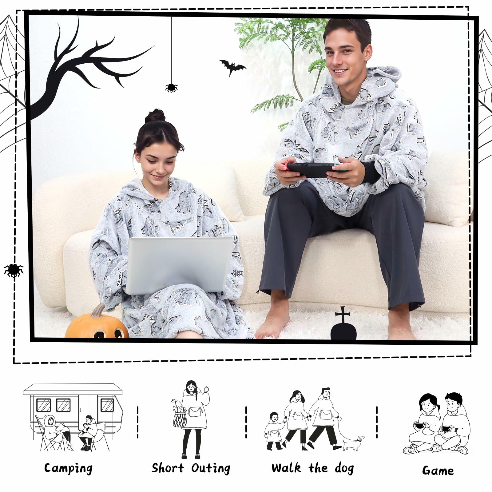 REXEO Halloween Flannel Hoodie Blanket with Pocket Black One Size