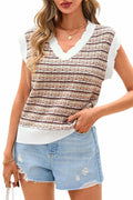 CFLONGE Women's Sleeveless Striped Crochet Knit Sweater Vest Khaki Size XL