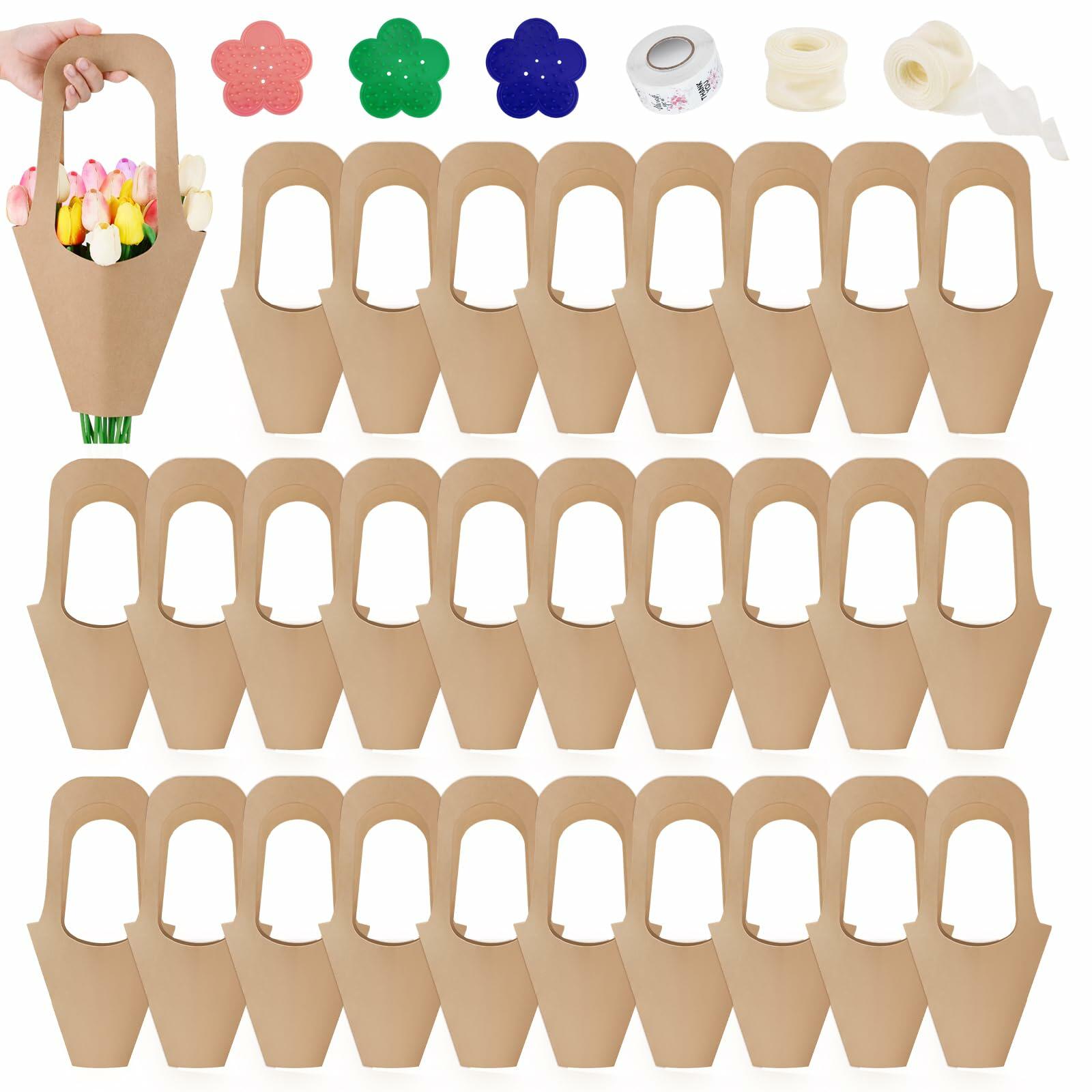 DIBALIYI 25 Pcs Kraft Paper Flower Gift Bags with Handle Brown Floral