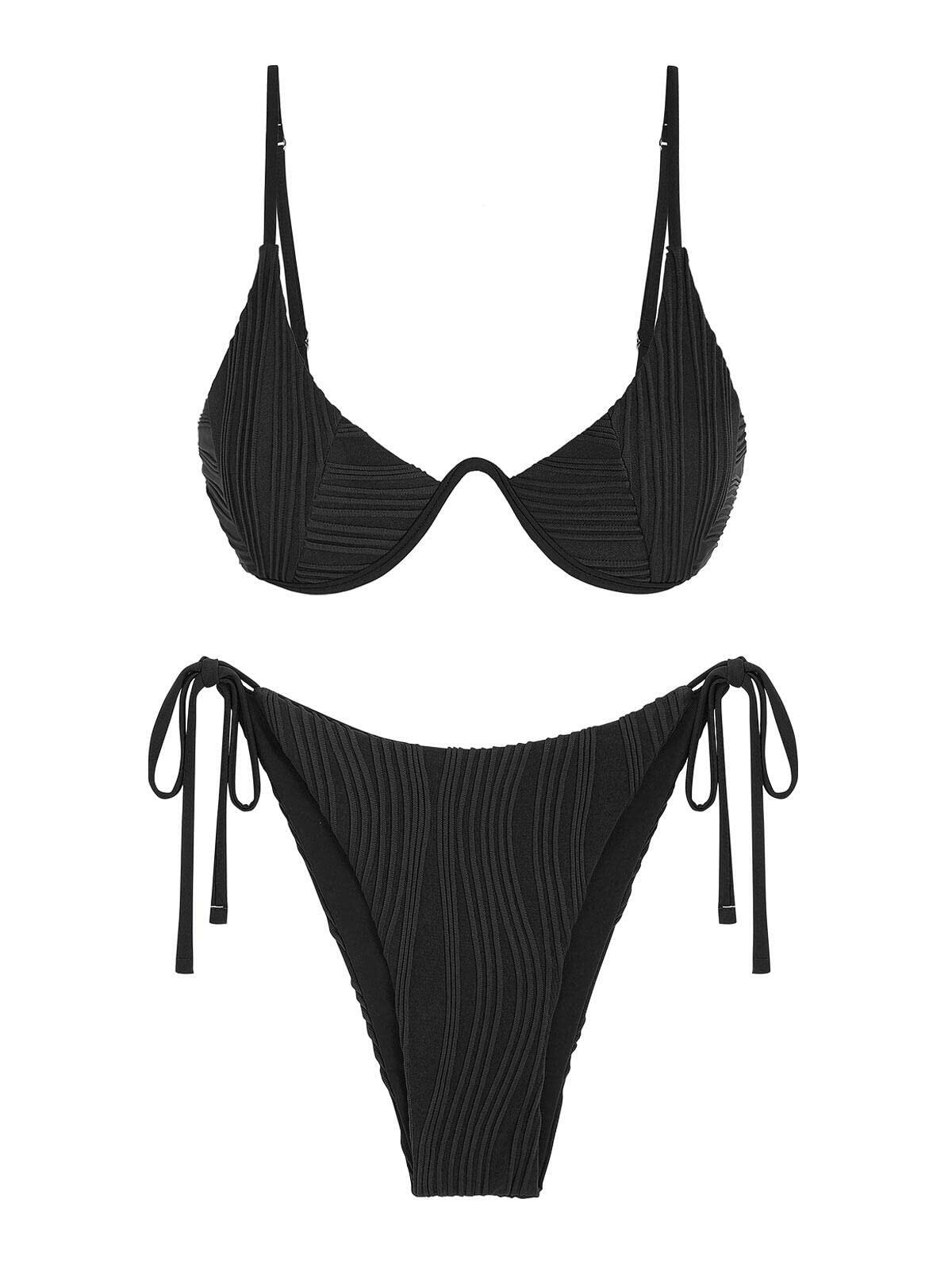 ZAFUL Womens High Cut Thong Bikini Set Swimsuit Sexy Black Size S