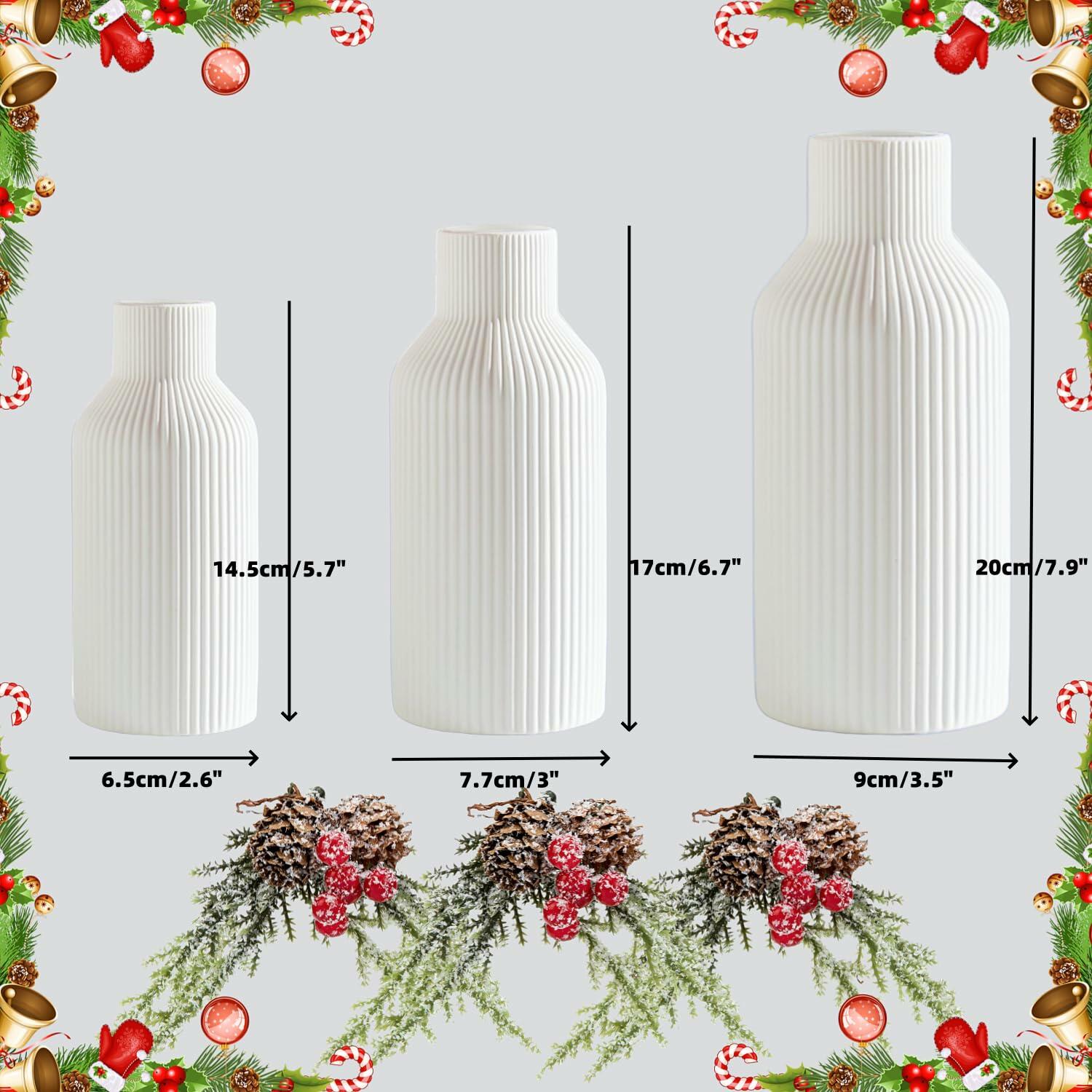 Brighomrom Christmas Ceramic Vases Set of 3 White Ribbed Pineflower Rings