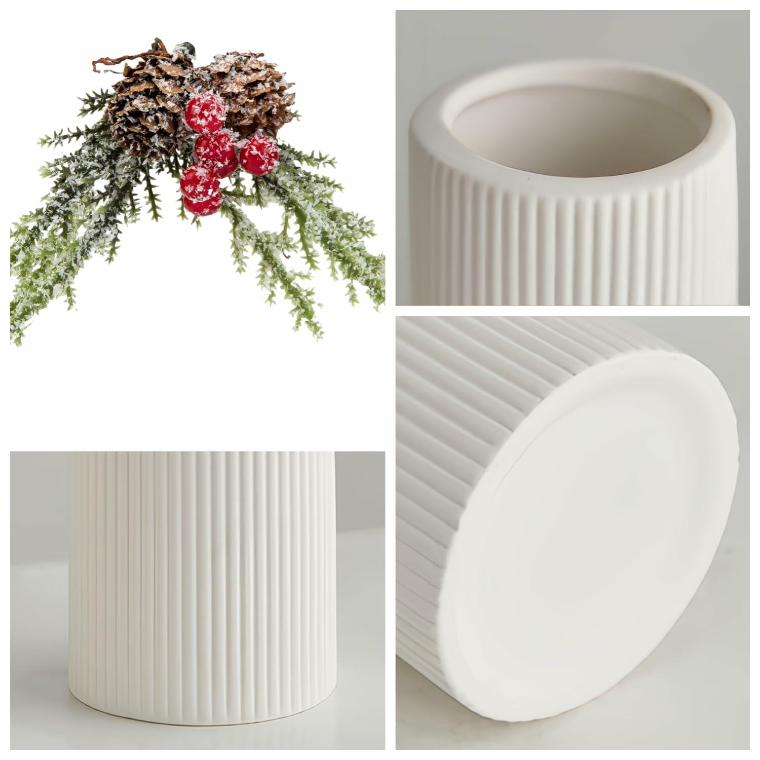 Brighomrom Christmas Ceramic Vases Set of 3 White Ribbed Pineflower Rings