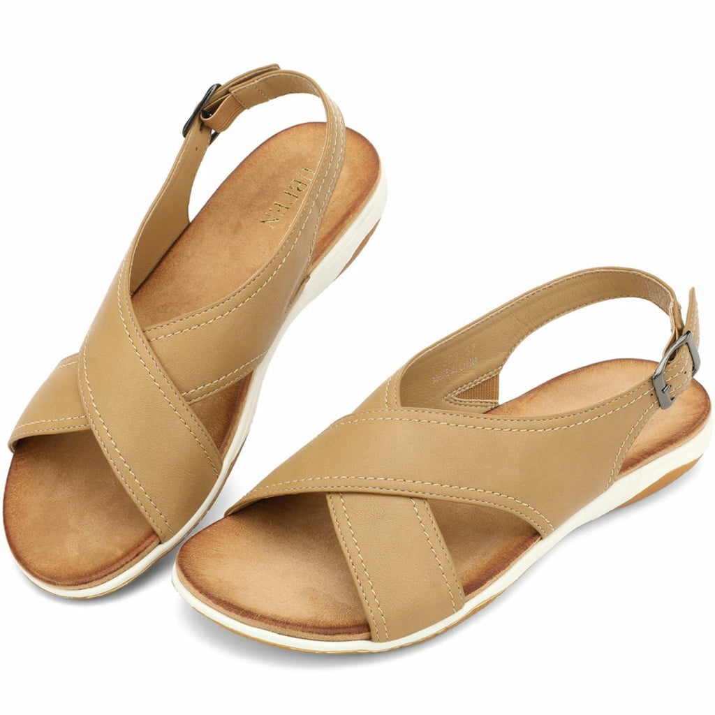 UBFEN Womens Flat Sandals Arch Support Adjustable Slingback Khaki Size 9