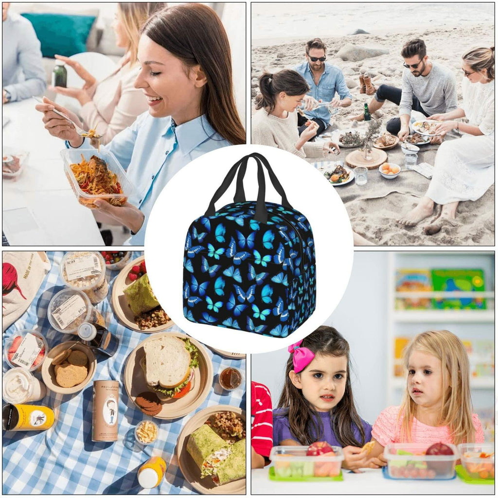 COWDIY Insulated Lunch Bag Black Blue Butterfly Print Waterproof Tote 5.3L
