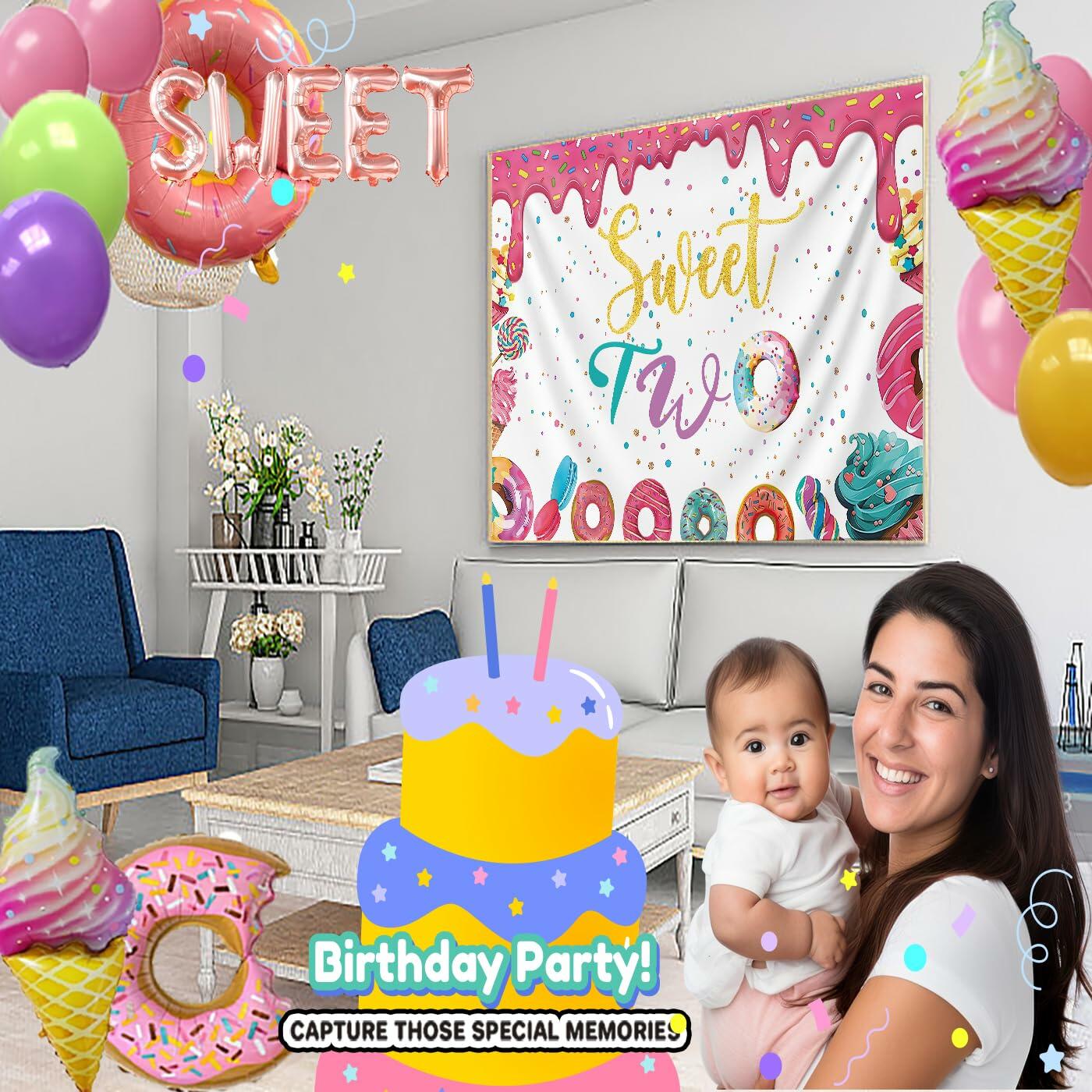 xuanflyF Donut Sweet Two Birthday Party Backdrop Banner 5x3ft Pink Cotton