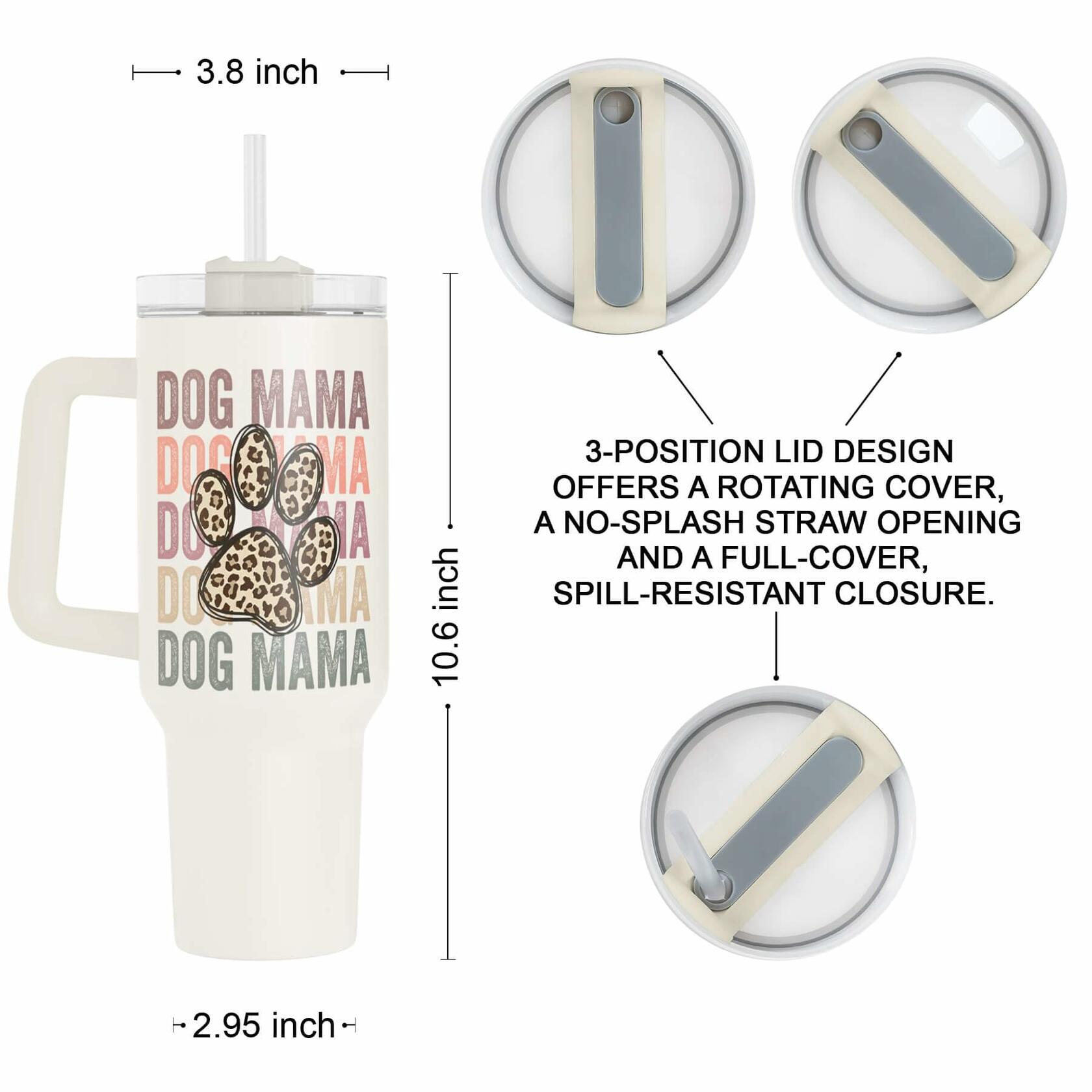 Fancyfams 40oz Stainless Steel Tumbler Dog Mama Handle Lid Straw Cream