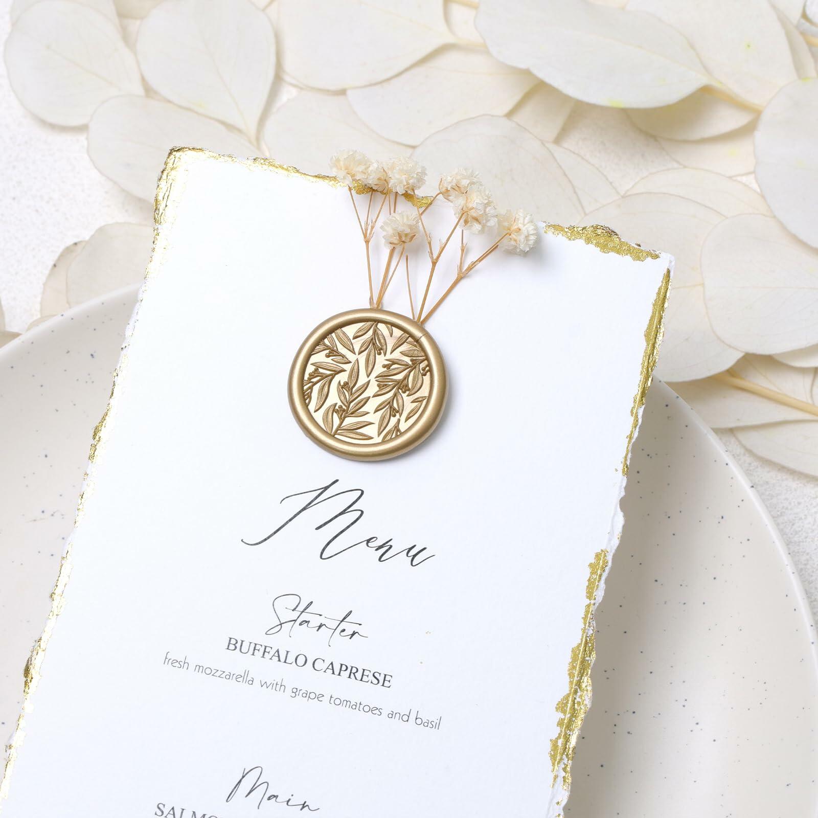 UNIQOOO 3D Leaf Wax Seal Stickers Prosecco Metallic Light Gold 50 Pcs