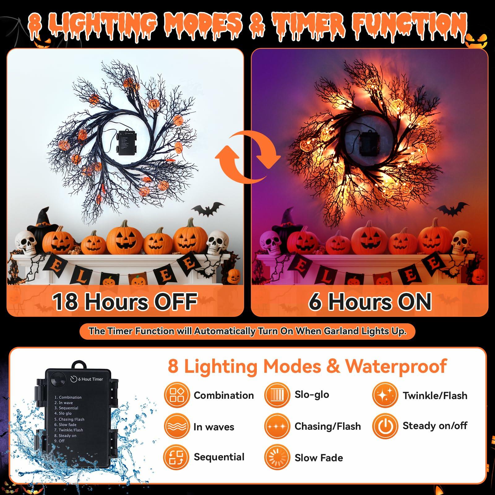 Slixune 6FT Halloween Willow Vine Twig Garland 45 LED Orange Lights