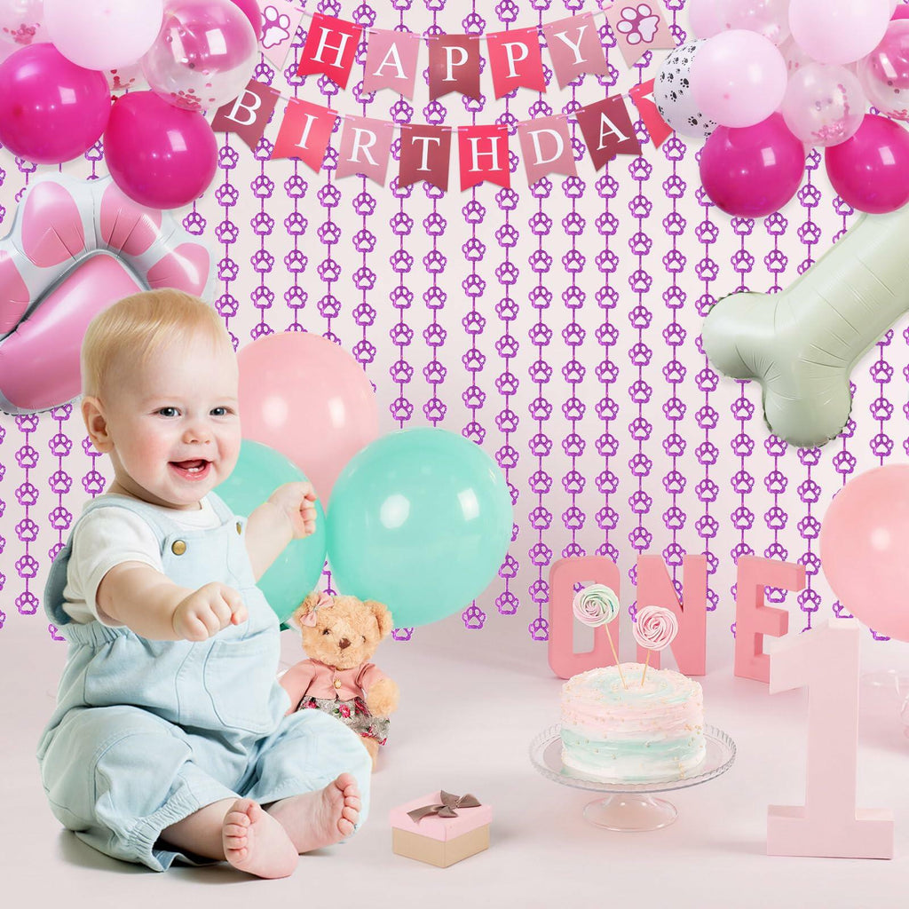 RANERVZ Pink Dog Paw Birthday Decorations Foil Curtain 3.3x6.6ft