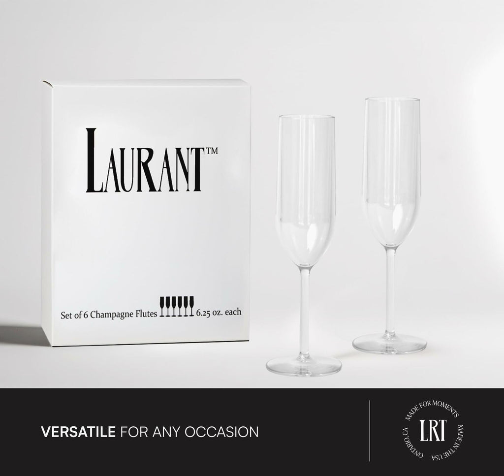 LAURANT Crystal Clear Plastic Champagne Flutes 6.25oz Set of 6 BPA Free USA