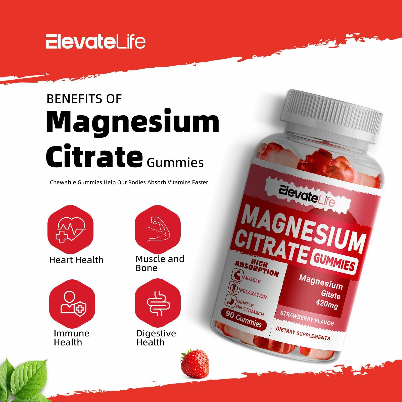 BestBy09/26 ElevateLife Magnesium Citrate Gummies 420mg 90 Vegan Strawberry