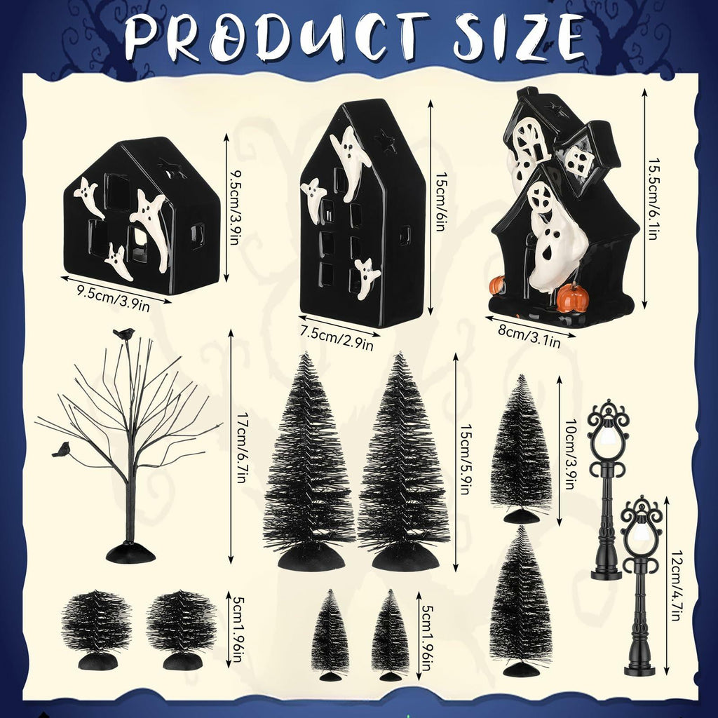 VioraWhite 15 Pcs Lighted Ceramic Halloween Village Accessories Set Black