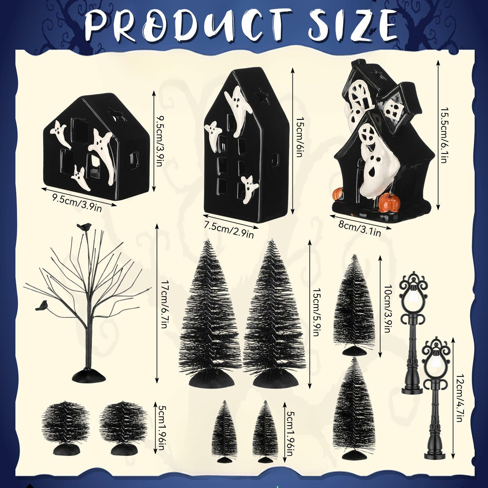 VioraWhite 15 Pcs Lighted Ceramic Halloween Village Accessories Set Black