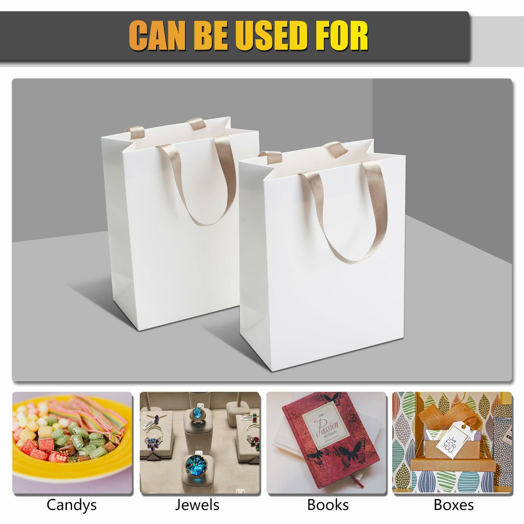YUEYANG White Paper Gift Bags with Handles 8x4.25x10 inch 20Pcs