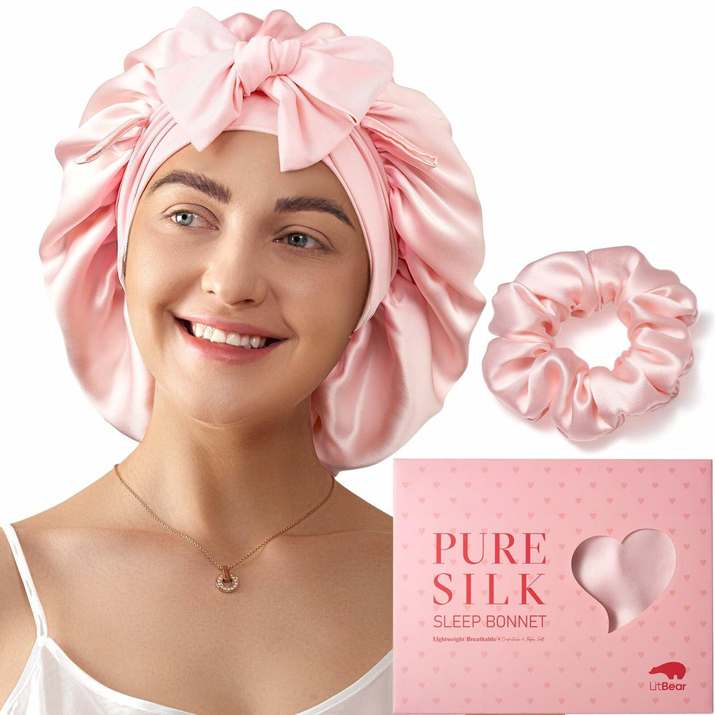 LitBear Mulberry Silk Bonnet 6A 22 Momme Large Double-Layer Pink Tie Band