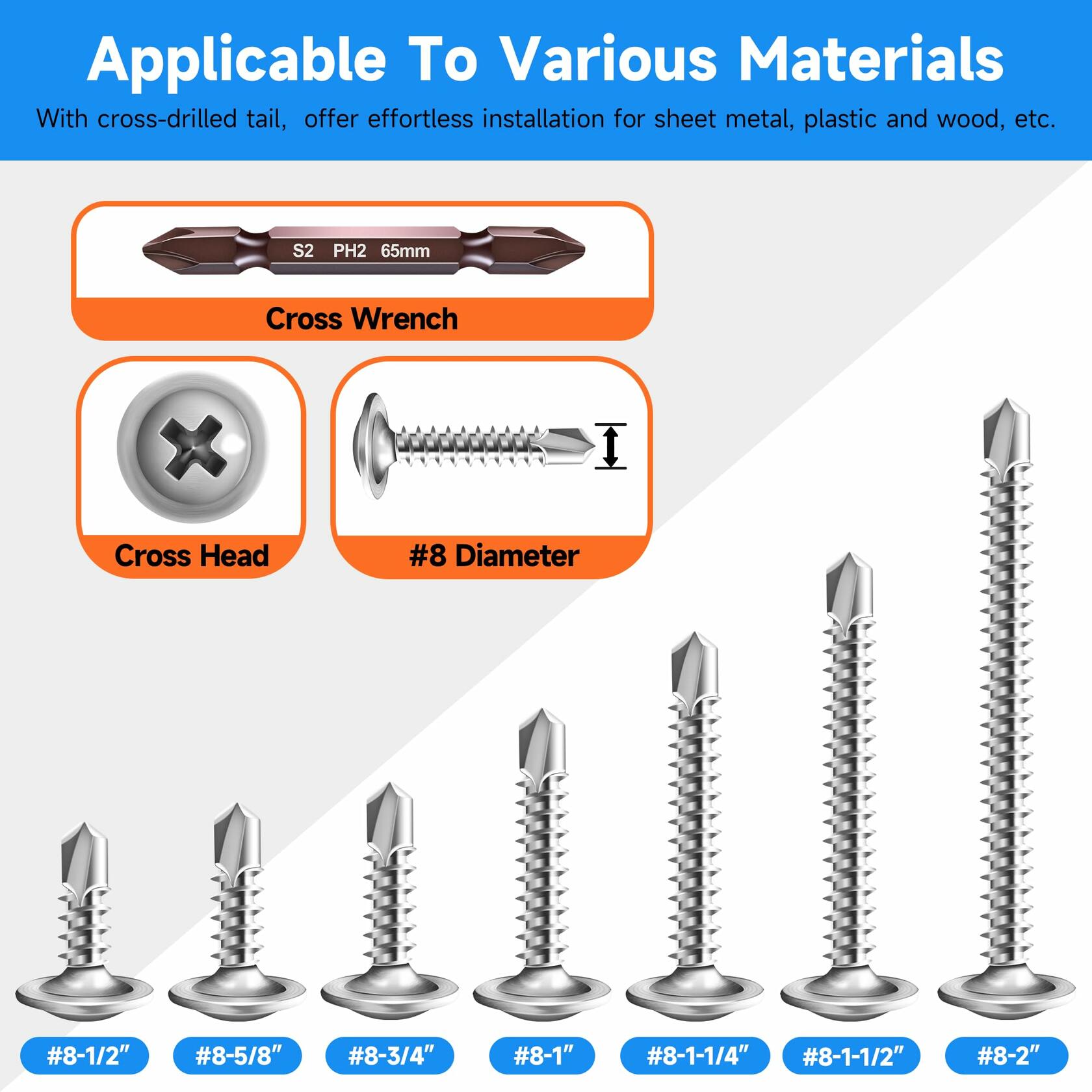 Marysino 100Pcs #8x1-1/2" 410 Stainless Steel Self Tapping Screws Metal