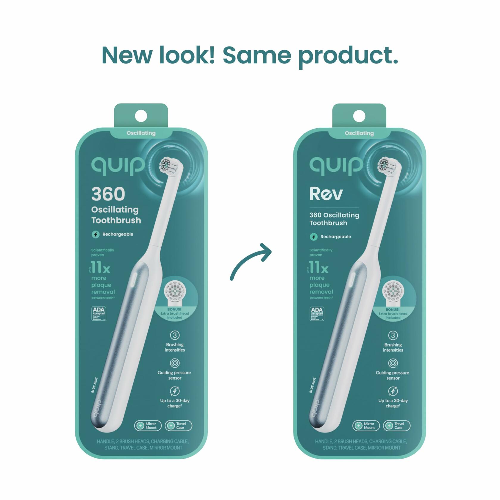 QuipRev 360 Oscillating Rechargeable Electric Toothbrush Soft Bristles Blue Mist