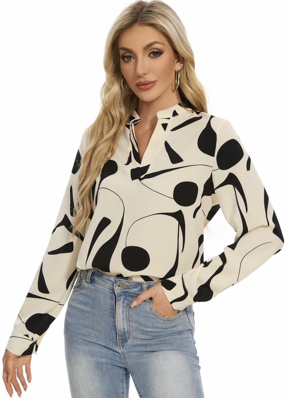 VIPONES Women V Neck Long Puff Sleeve Floral Blouse 530-floral White XL