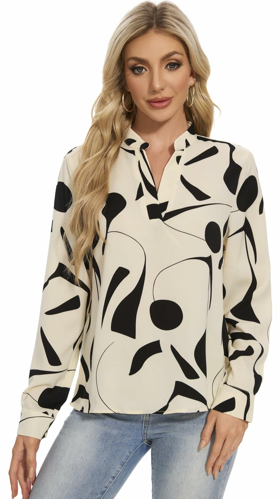 VIPONES Women V Neck Long Puff Sleeve Floral Blouse 530-floral White XL