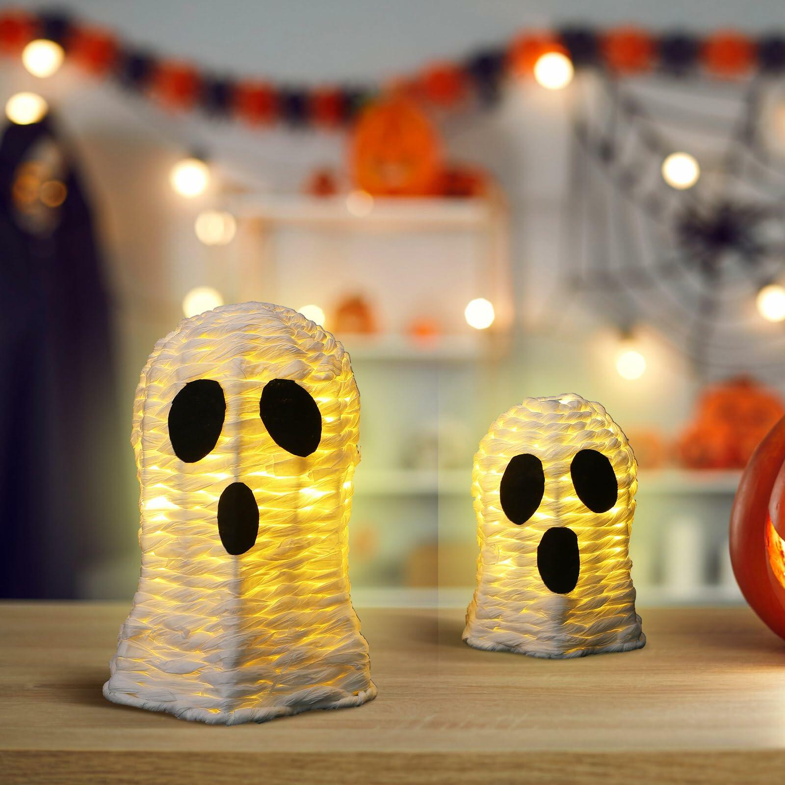 Soulchen Halloween Rattan Ghosts Decor 9.4" & 5.9" Light Up White 2 Pcs