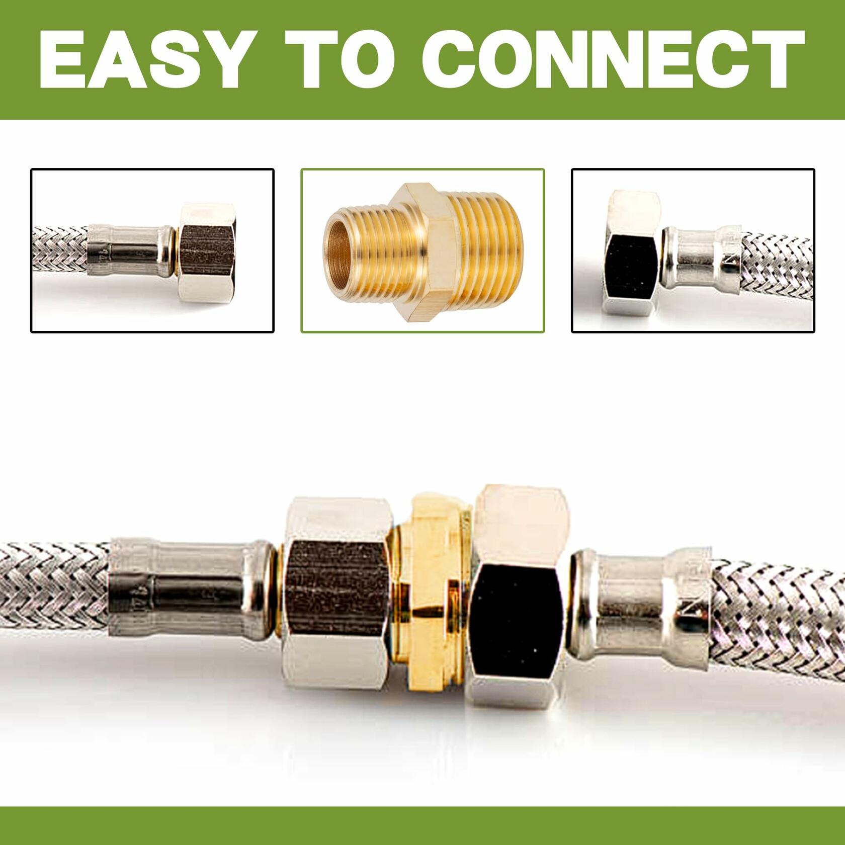 FullMayPro 2pcs Brass Hex Nipple 3/8” NPT to 1/4” NPT Adapter with Teflon Tape