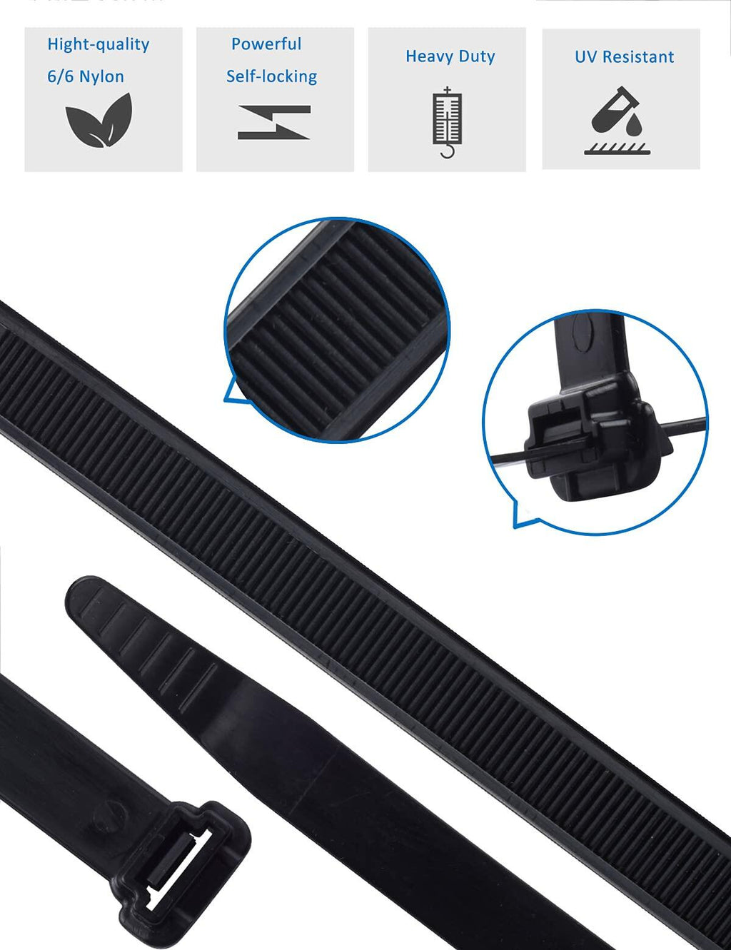 LOMAZH Cable Zip Ties 50pcs 12.2in Black Nylon 250lbs Tensile Strength