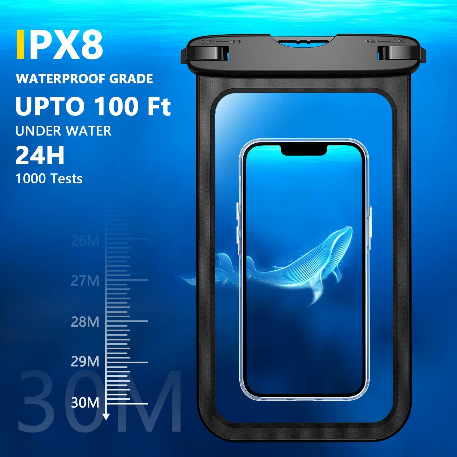 Temdan 2 Pcs Waterproof Phone Pouch IPX8 Up to 10" Large Black with Lanyard
